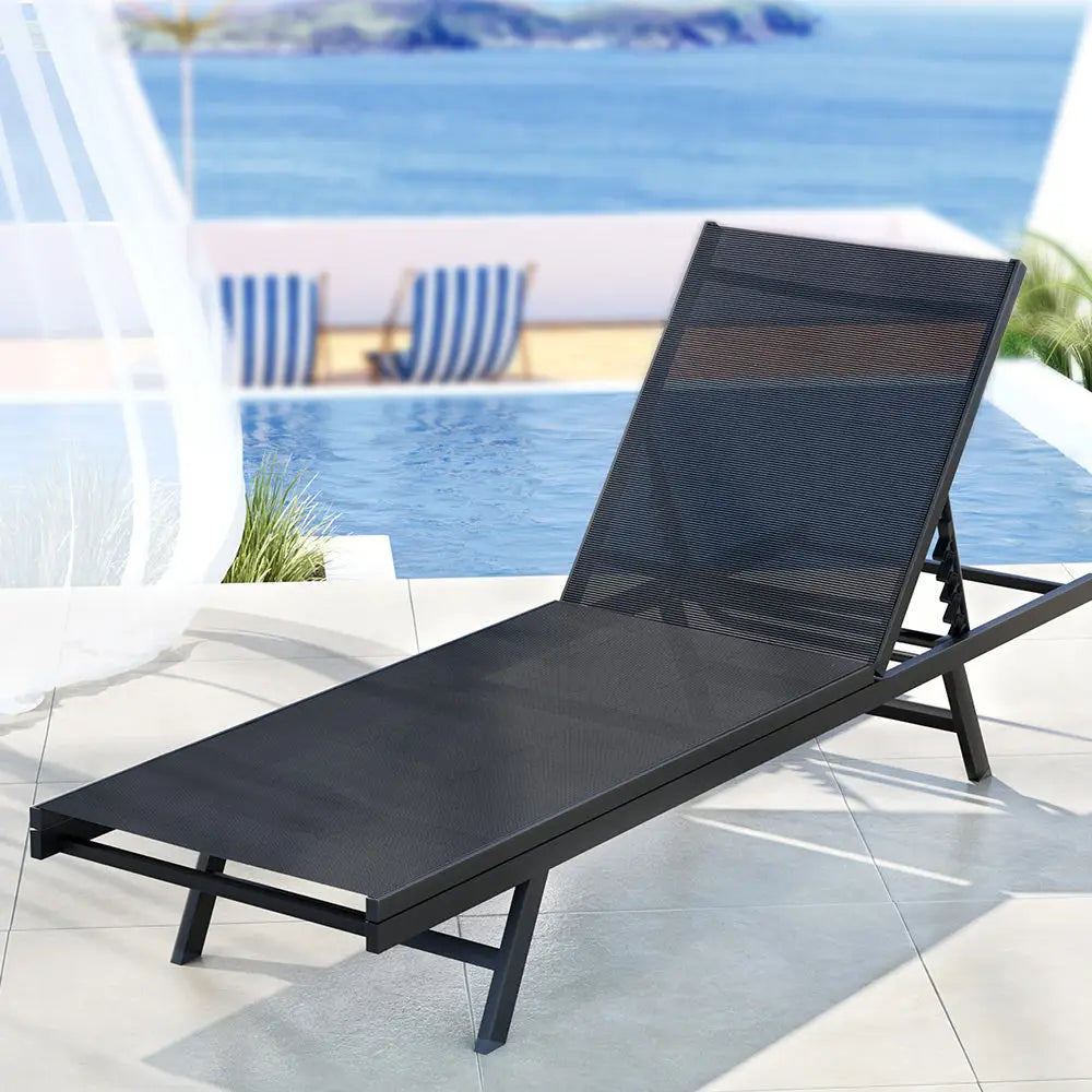 Gardeon Sun Lounge Outdoor Lounger Steel Beach Chair Patio Furniture Black - Furniture > Outdoor