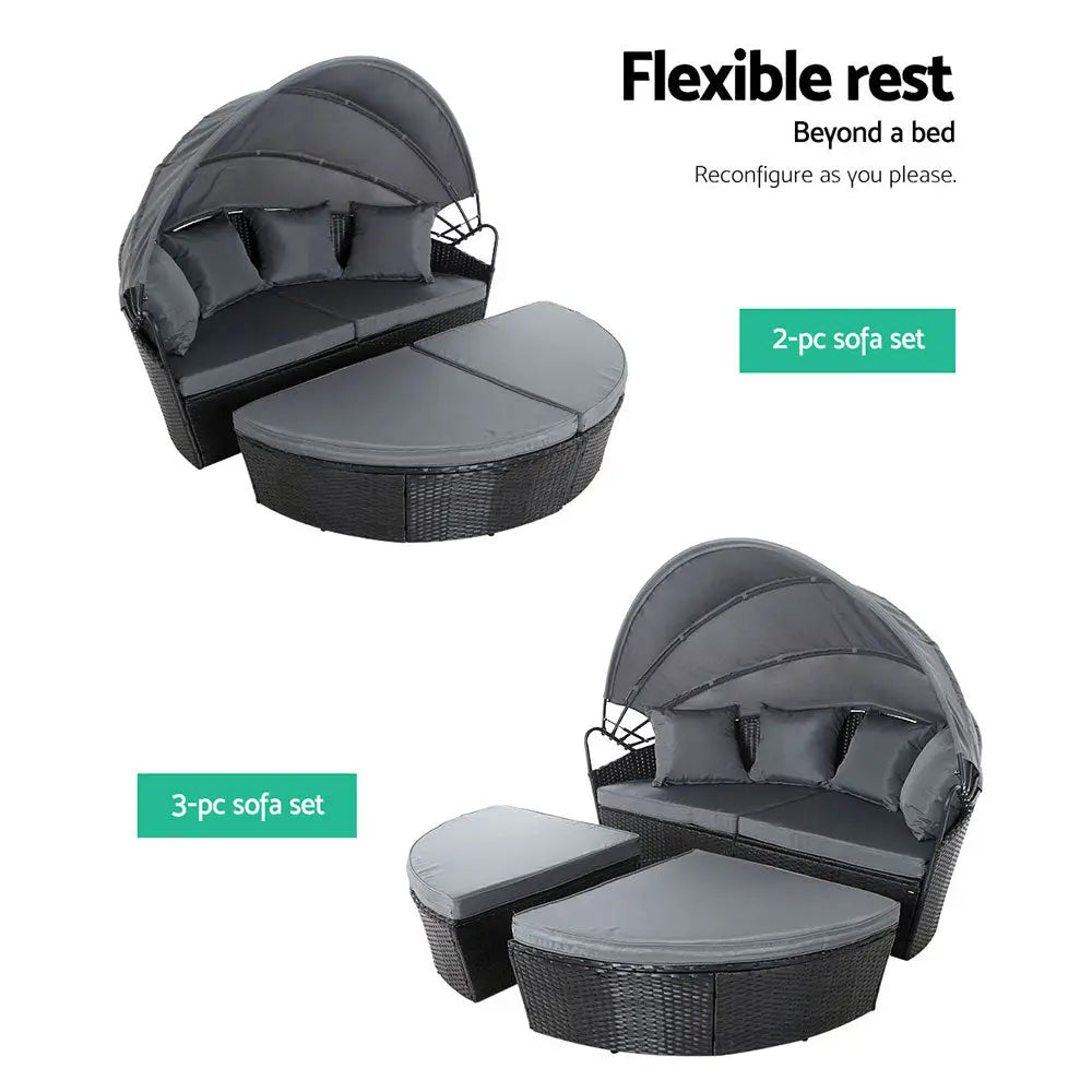 Gardeon Sun Lounge Setting Wicker Lounger Day Bed Outdoor Furniture Patio Black - Furniture > Outdoor