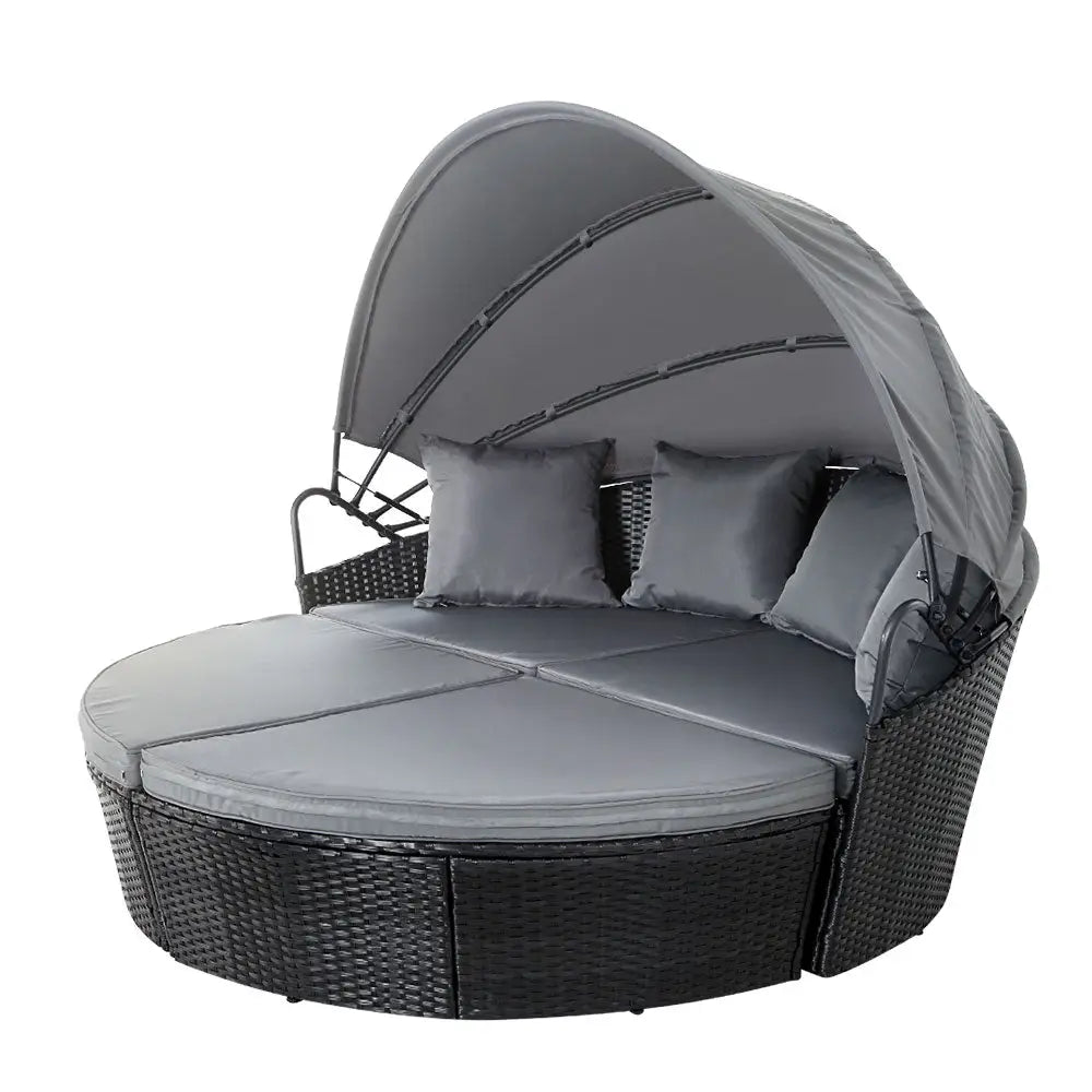 Gardeon Sun Lounge Setting Wicker Lounger Day Bed Outdoor Furniture Patio Black - Furniture > Outdoor