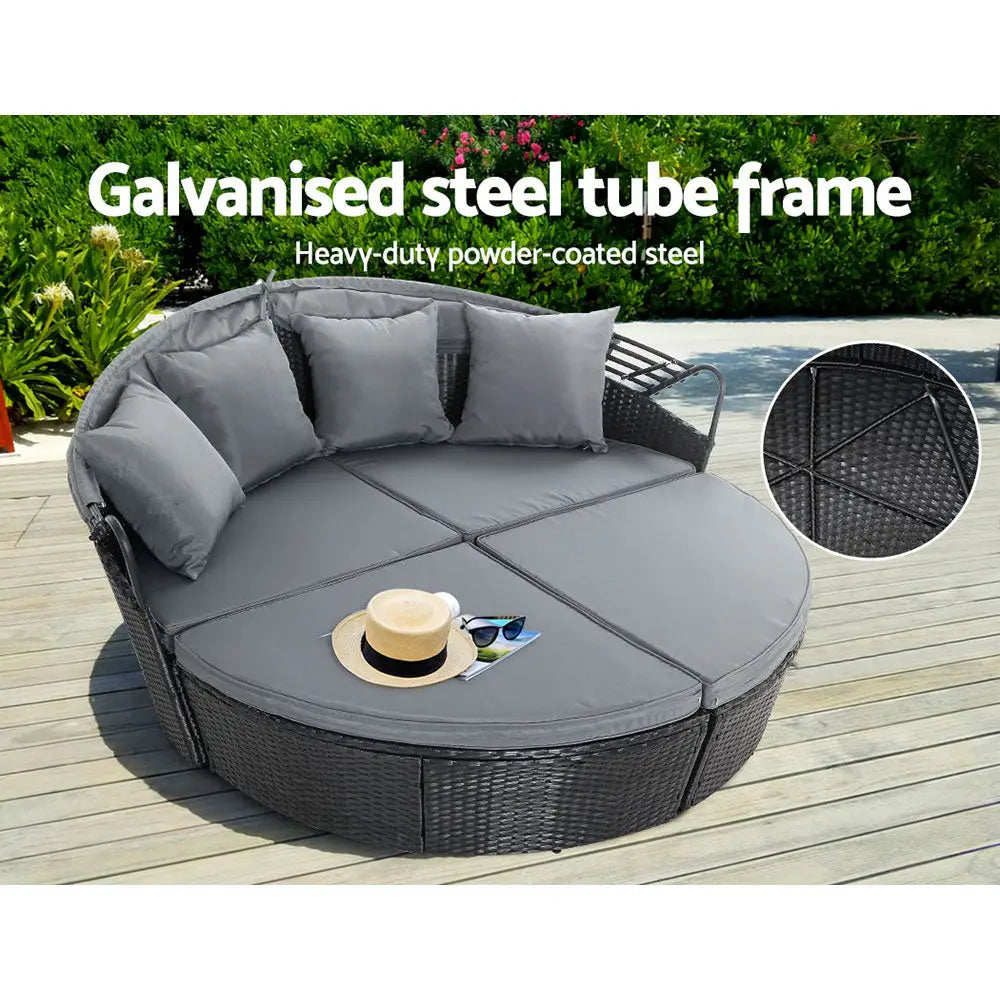 Gardeon Sun Lounge Setting Wicker Lounger Day Bed Outdoor Furniture Patio Black - Furniture > Outdoor