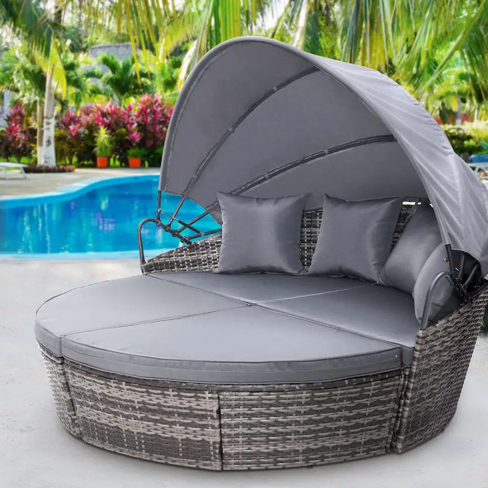 Gardeon Sun Lounge Setting Wicker Lounger Day Bed Outdoor Furniture Patio Grey - Furniture > Outdoor