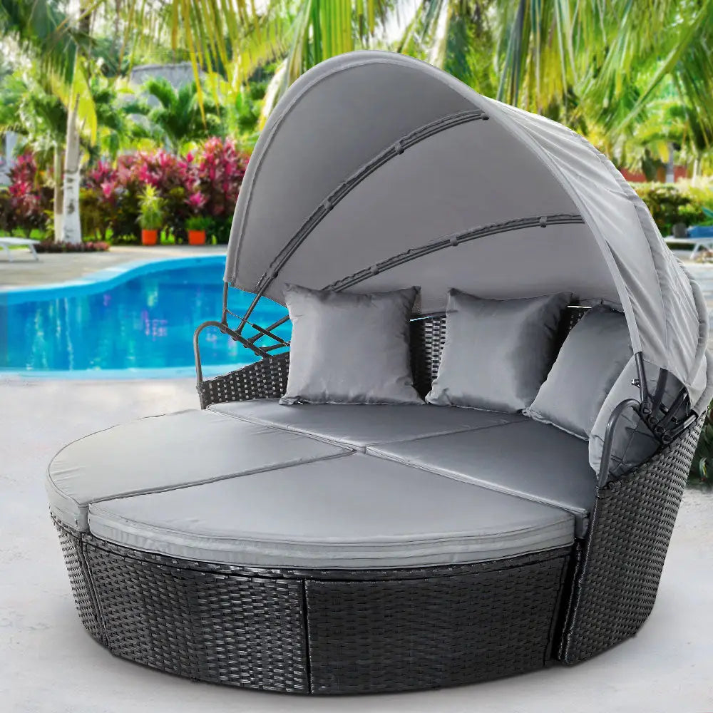 Gardeon Sun Lounge Setting Wicker Lounger Day Bed Outdoor Furniture Patio Black - Furniture > Outdoor
