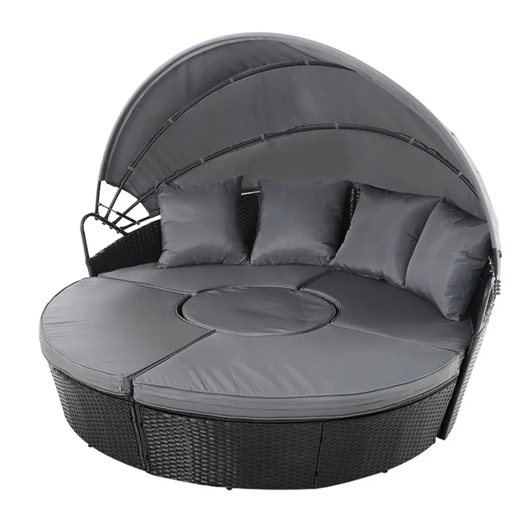 Gardeon Sun Lounge Setting Wicker Lounger Day Bed Patio Outdoor Furniture Black - Furniture > Outdoor
