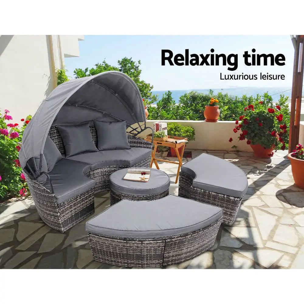 Gardeon Sun Lounge Setting Wicker Lounger Day Bed Patio Outdoor Furniture Grey - Furniture > Outdoor