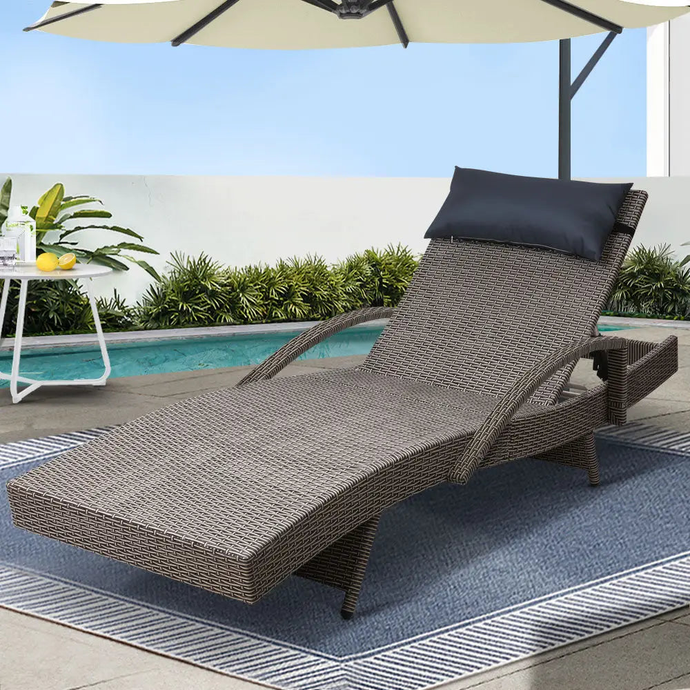 Gardeon Sun Lounge Wicker Lounger Outdoor Furniture Beach Armchair Adjustable Grey&Beige - Furniture > Outdoor