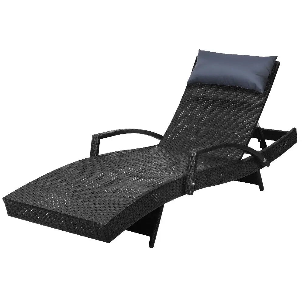 Gardeon Sun Lounge Wicker Lounger Outdoor Furniture Beach Chair Armrest Adjustable Black - Furniture > Outdoor