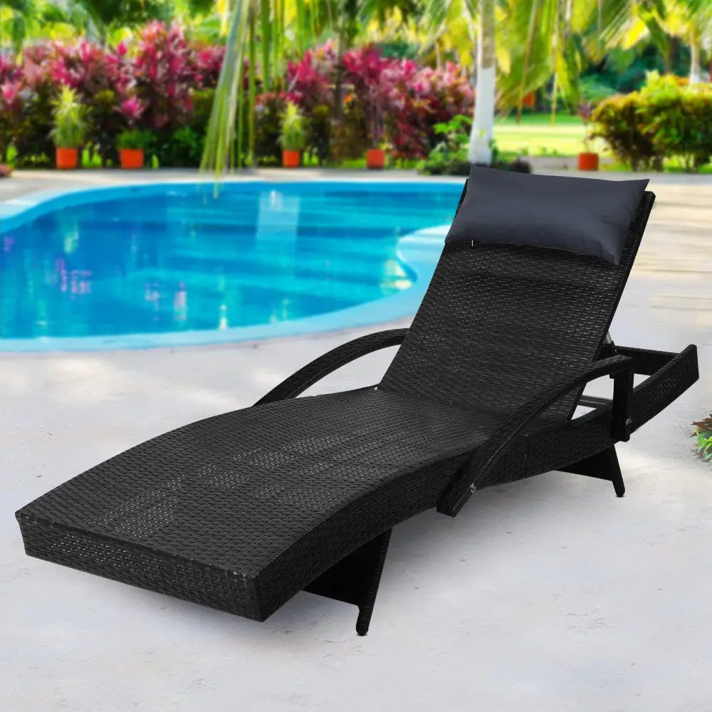 Gardeon Sun Lounge Wicker Lounger Outdoor Furniture Beach Chair Armrest Adjustable Black - Furniture > Outdoor