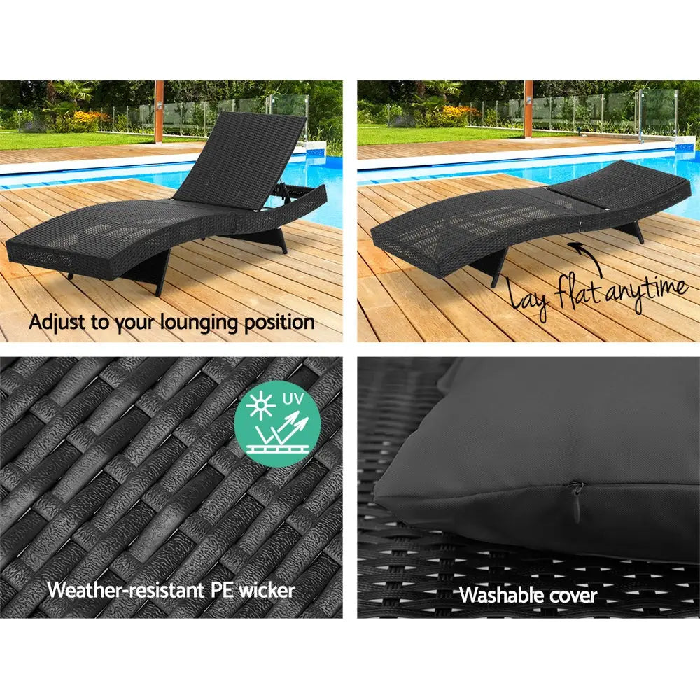 Gardeon Sun Lounge Wicker Lounger Outdoor Furniture Beach Chair Garden Adjustable Black - Furniture > Outdoor