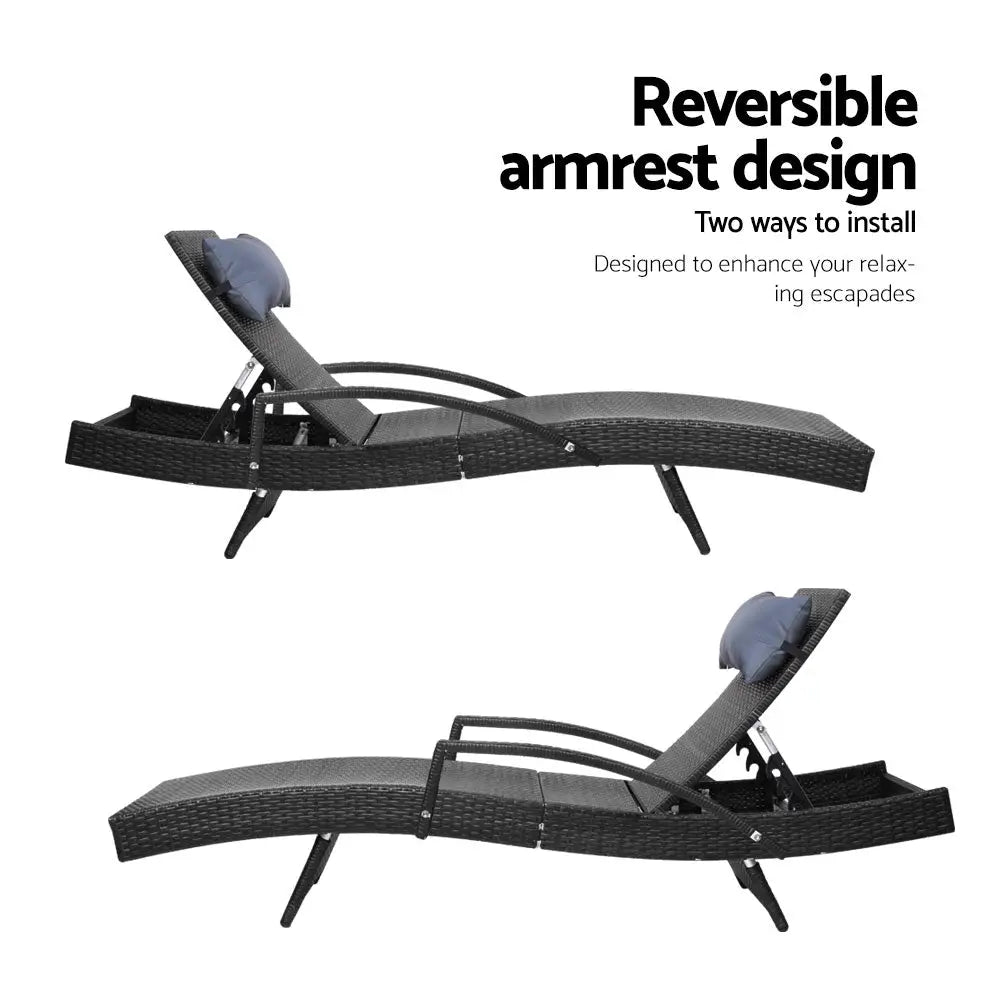 Gardeon Sun Lounge Wicker Lounger Outdoor Furniture Beach Chair Armrest Adjustable Black - Furniture > Outdoor