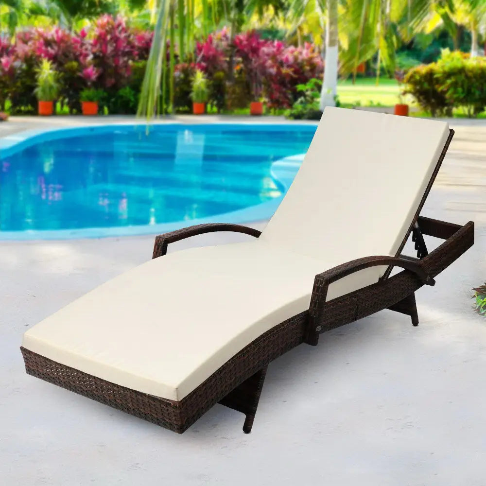 Gardeon Sun Lounge Wicker Lounger Outdoor Furniture Beach Chair Patio Adjustable Cushion Brown - Furniture > Outdoor