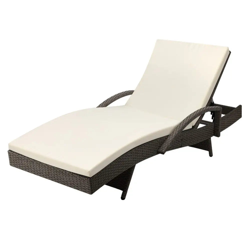 Gardeon Sun Lounge Wicker Lounger Outdoor Furniture Beach Chair Patio Adjustable Cushion Grey&Beige - Furniture >