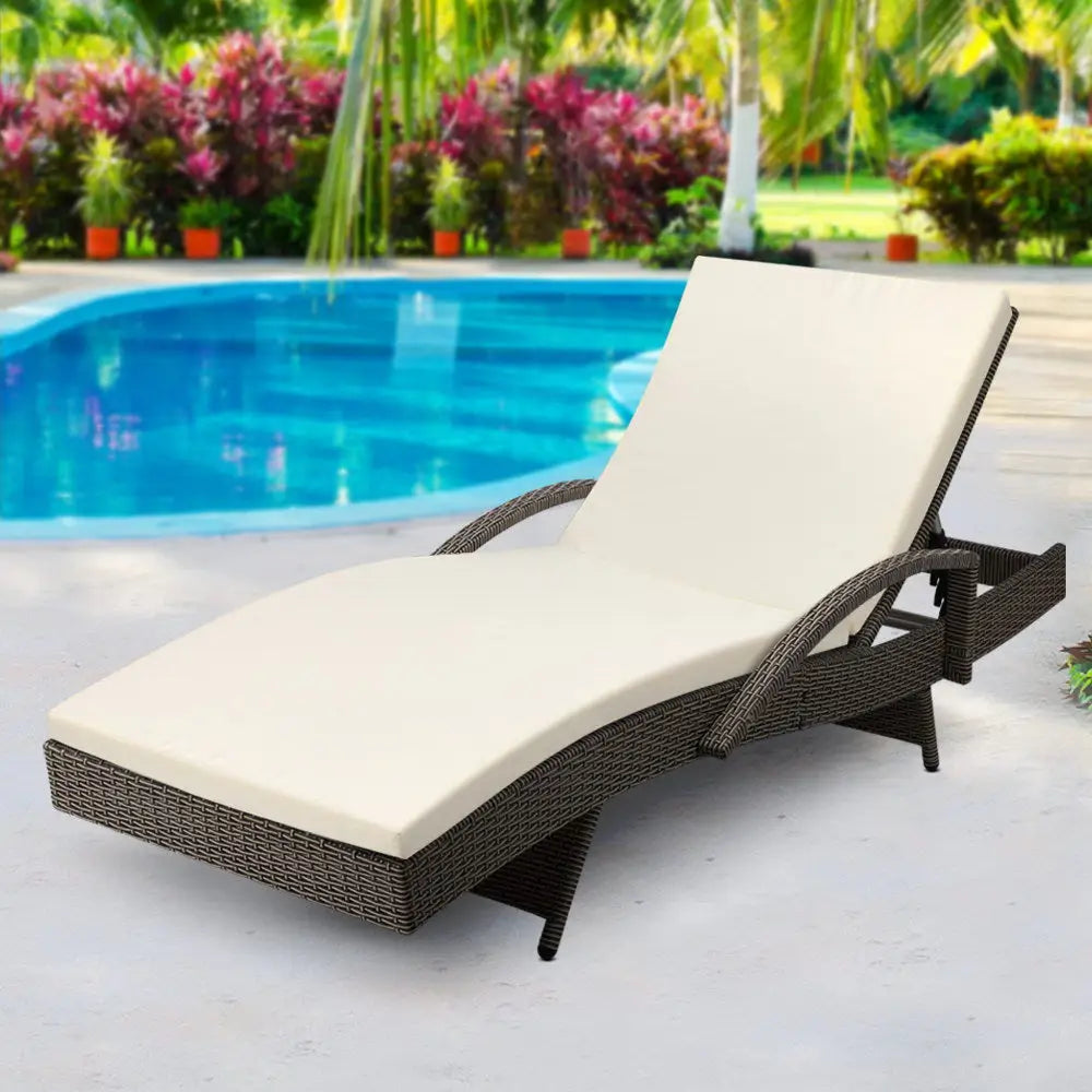 Gardeon Sun Lounge Wicker Lounger Outdoor Furniture Beach Chair Patio Adjustable Cushion Grey&Beige - Furniture >