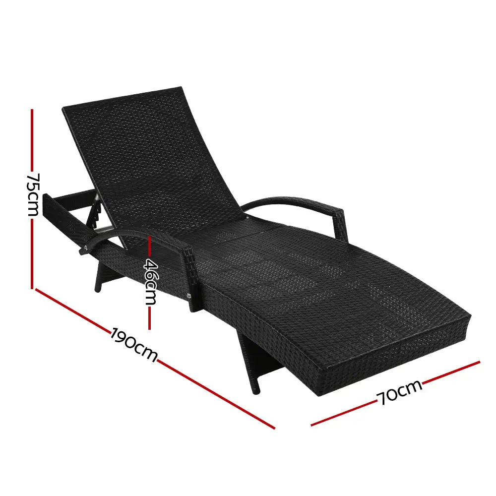 Gardeon Sun Lounge Wicker Lounger Outdoor Furniture Beach Chair Patio Adjustable Cushion Black - Furniture > Outdoor