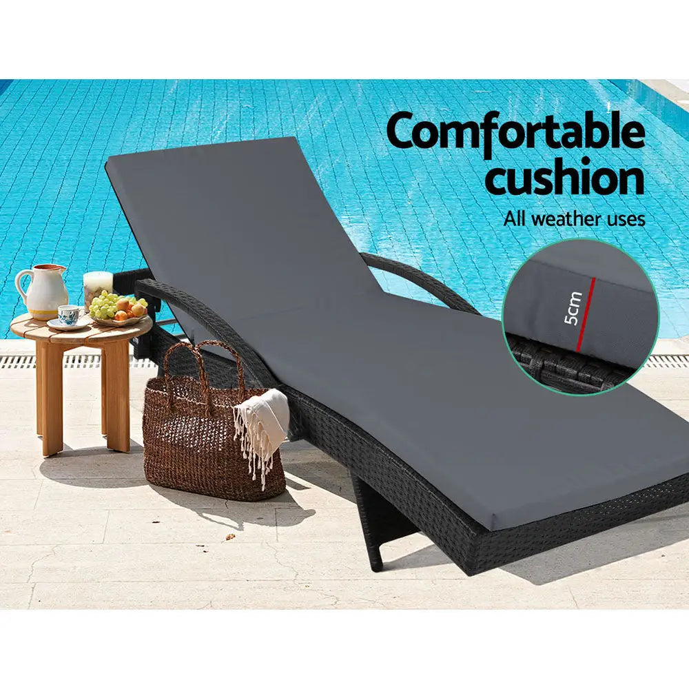 Gardeon Sun Lounge Wicker Lounger Outdoor Furniture Beach Chair Patio Adjustable Cushion Black - Furniture > Outdoor
