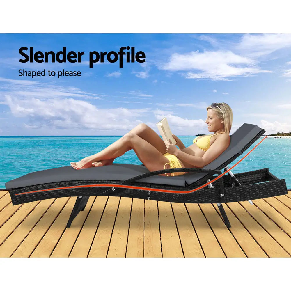 Gardeon Sun Lounge Wicker Lounger Outdoor Furniture Beach Chair Patio Adjustable Cushion Black - Furniture > Outdoor