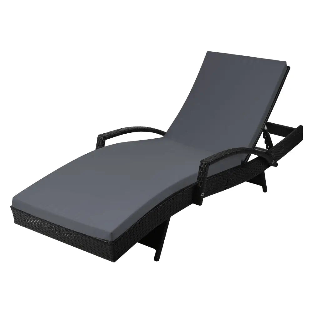 Gardeon Sun Lounge Wicker Lounger Outdoor Furniture Beach Chair Patio Adjustable Cushion Black - Furniture > Outdoor