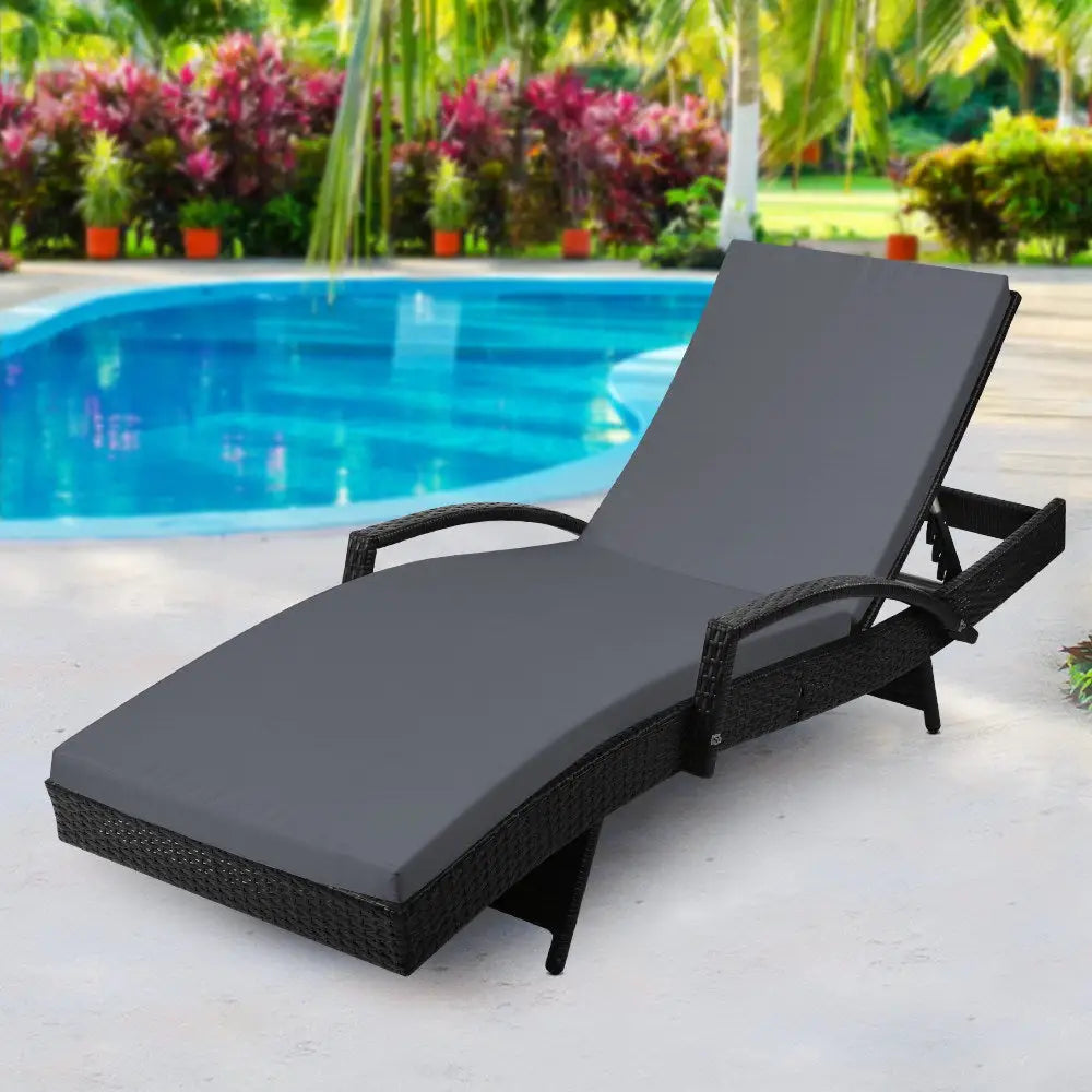 Gardeon Sun Lounge Wicker Lounger Outdoor Furniture Beach Chair Patio Adjustable Cushion Black - Furniture > Outdoor
