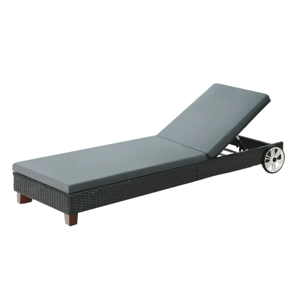 Gardeon Sun Lounge Wicker Lounger Outdoor Furniture Day Bed Wheels Patio Black - Furniture > Outdoor