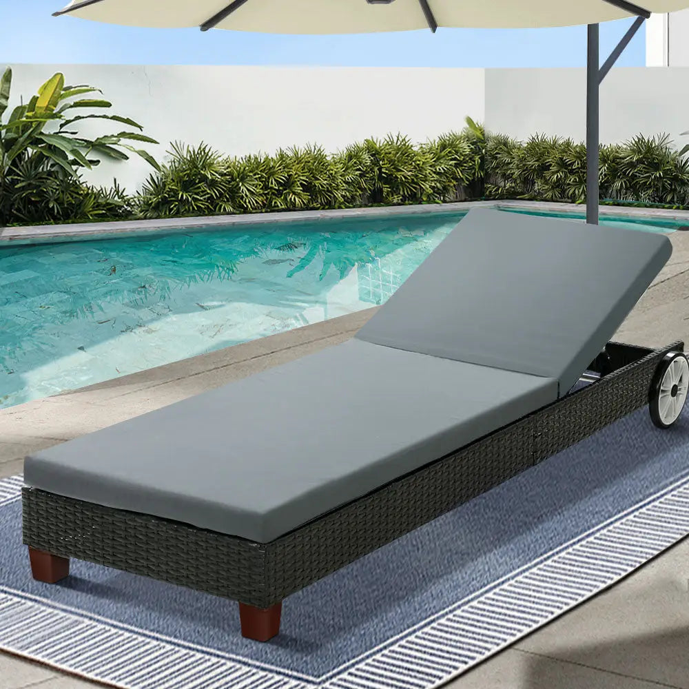Gardeon Sun Lounge Wicker Lounger Outdoor Furniture Day Bed Wheels Patio Black - Furniture > Outdoor