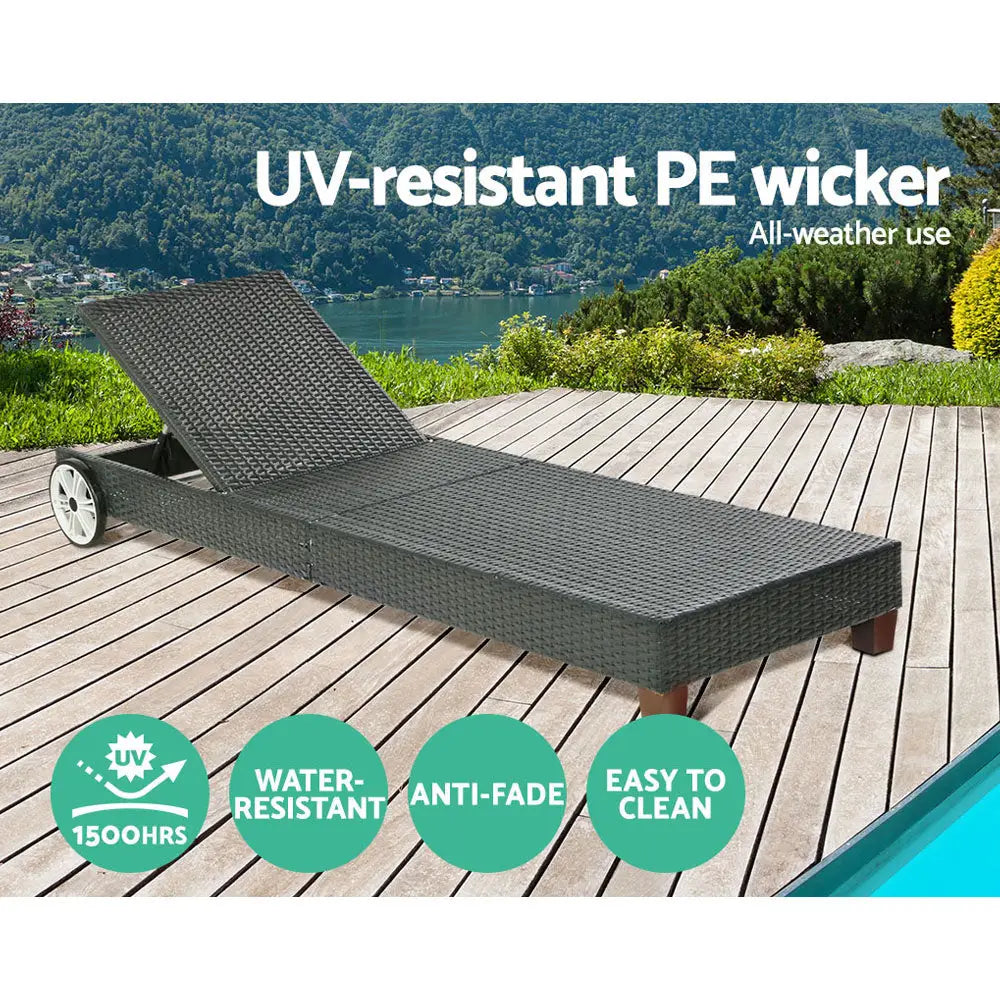 Gardeon Sun Lounge Wicker Lounger Outdoor Furniture Day Bed Wheels Patio Black - Furniture > Outdoor