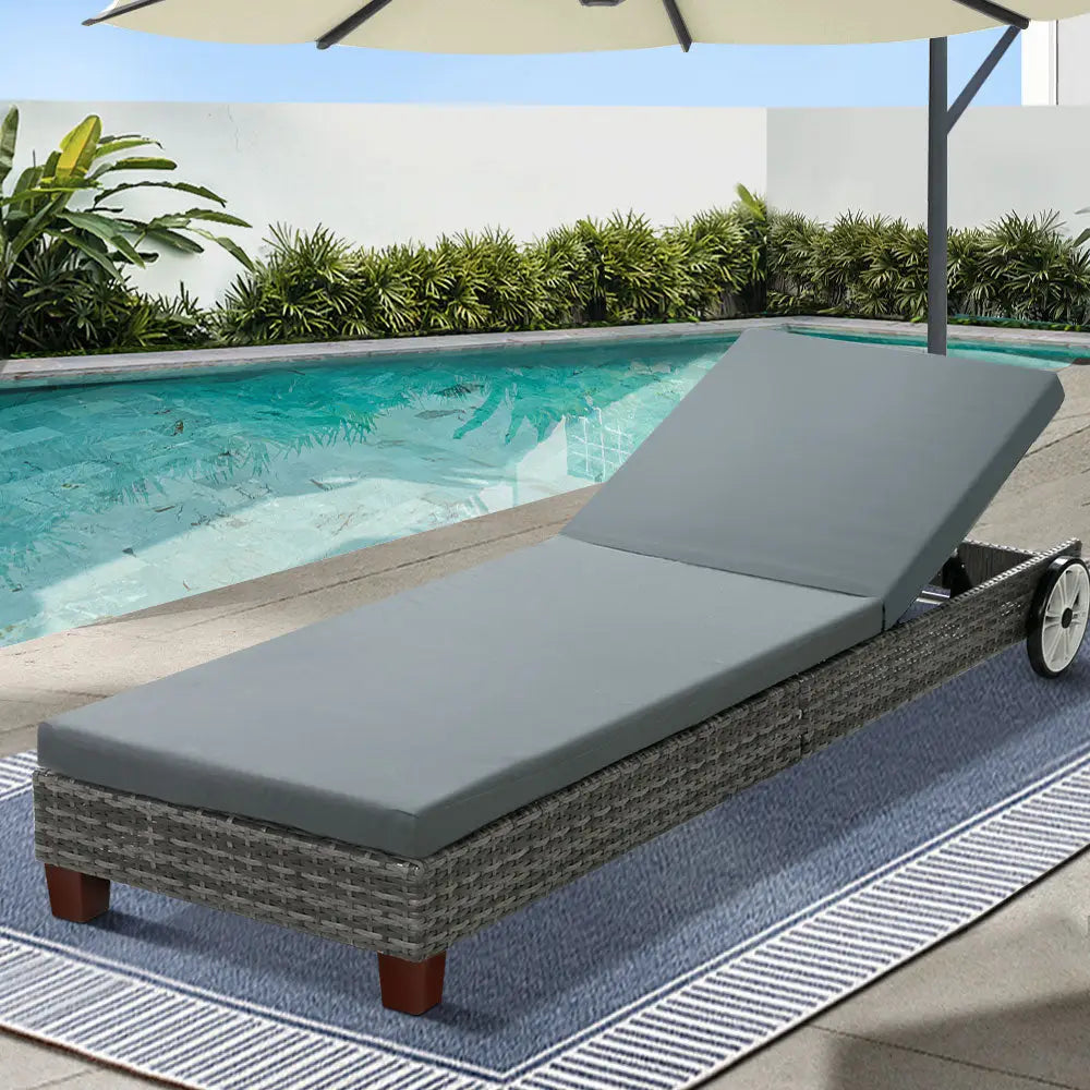 Gardeon Sun Lounge Wicker Lounger Outdoor Furniture Day Bed Wheels Patio Grey - Furniture > Outdoor