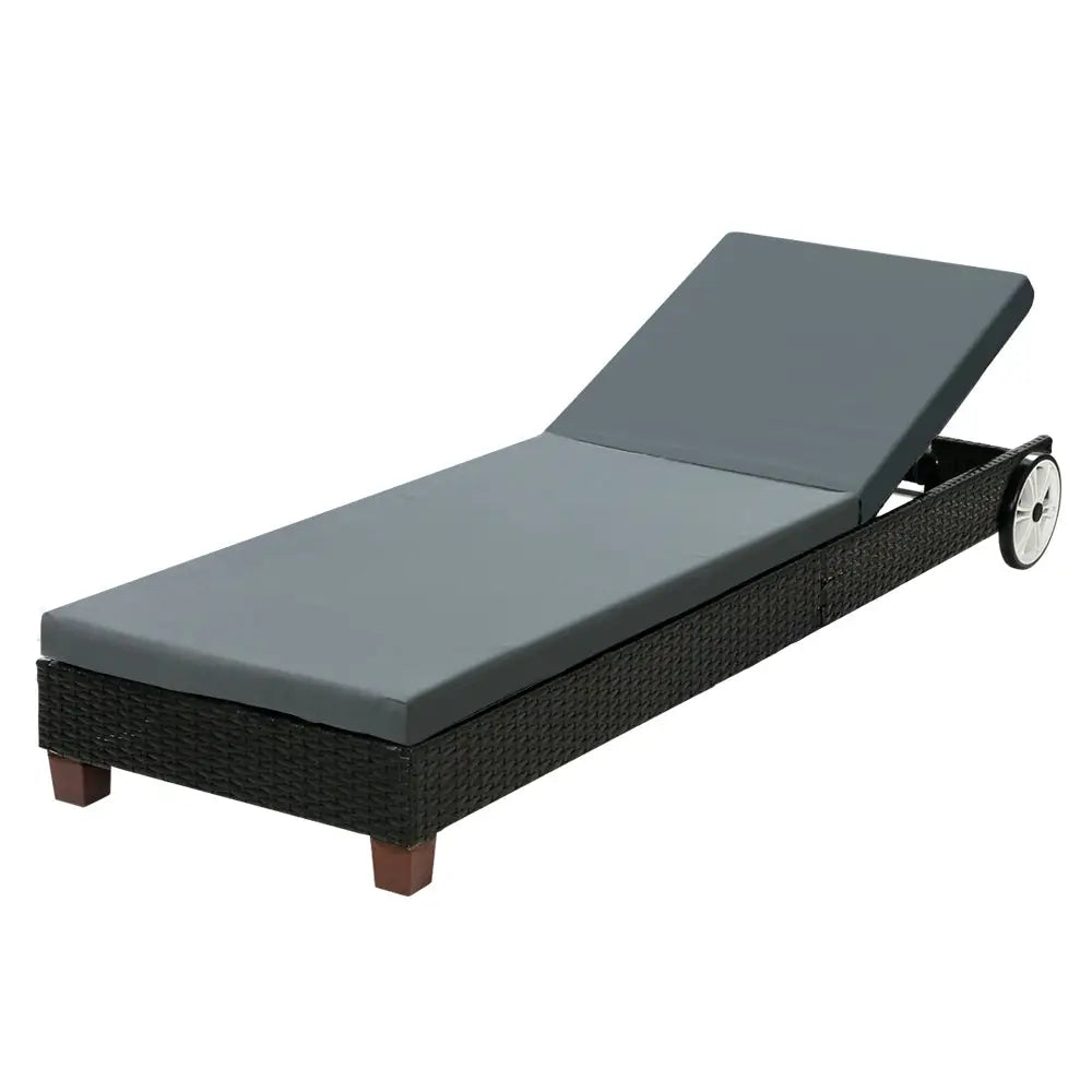 Gardeon Sun Lounge Wicker Lounger Outdoor Furniture Day Bed Wheels Patio Black - Furniture > Outdoor