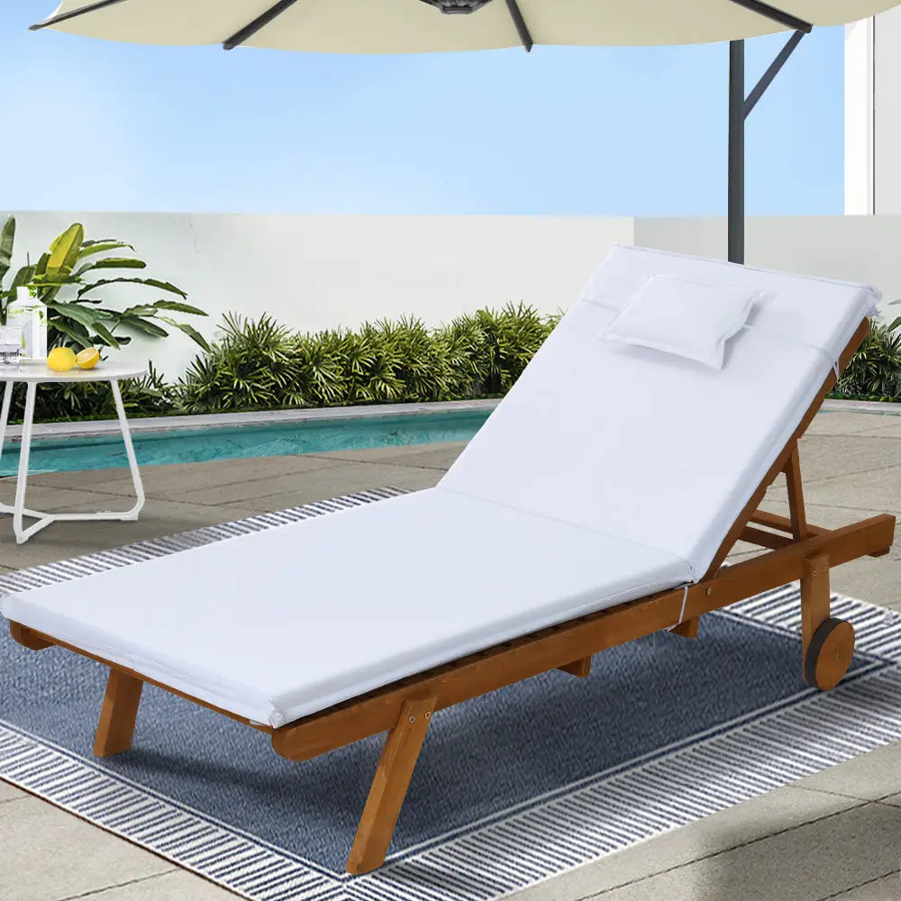 Gardeon Sun Lounge Wooden Lounger Outdoor Furniture Day Bed Wheels Patio White - Furniture > Outdoor