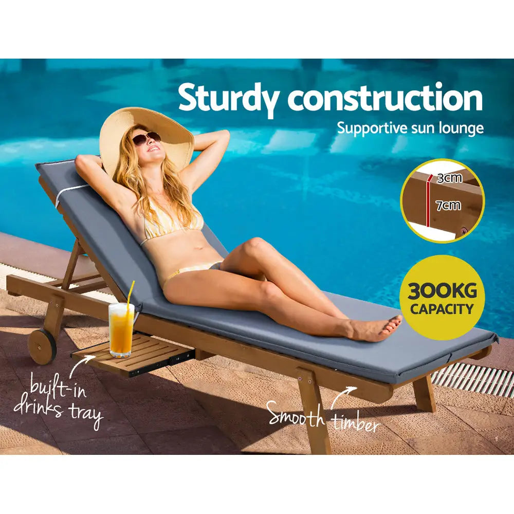 Gardeon Sun Lounge Wooden Lounger Outdoor Furniture Day Bed Wheels Patio Grey - Furniture > Outdoor