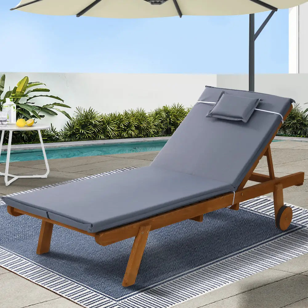 Gardeon Sun Lounge Wooden Lounger Outdoor Furniture Day Bed Wheels Patio Grey - Furniture > Outdoor