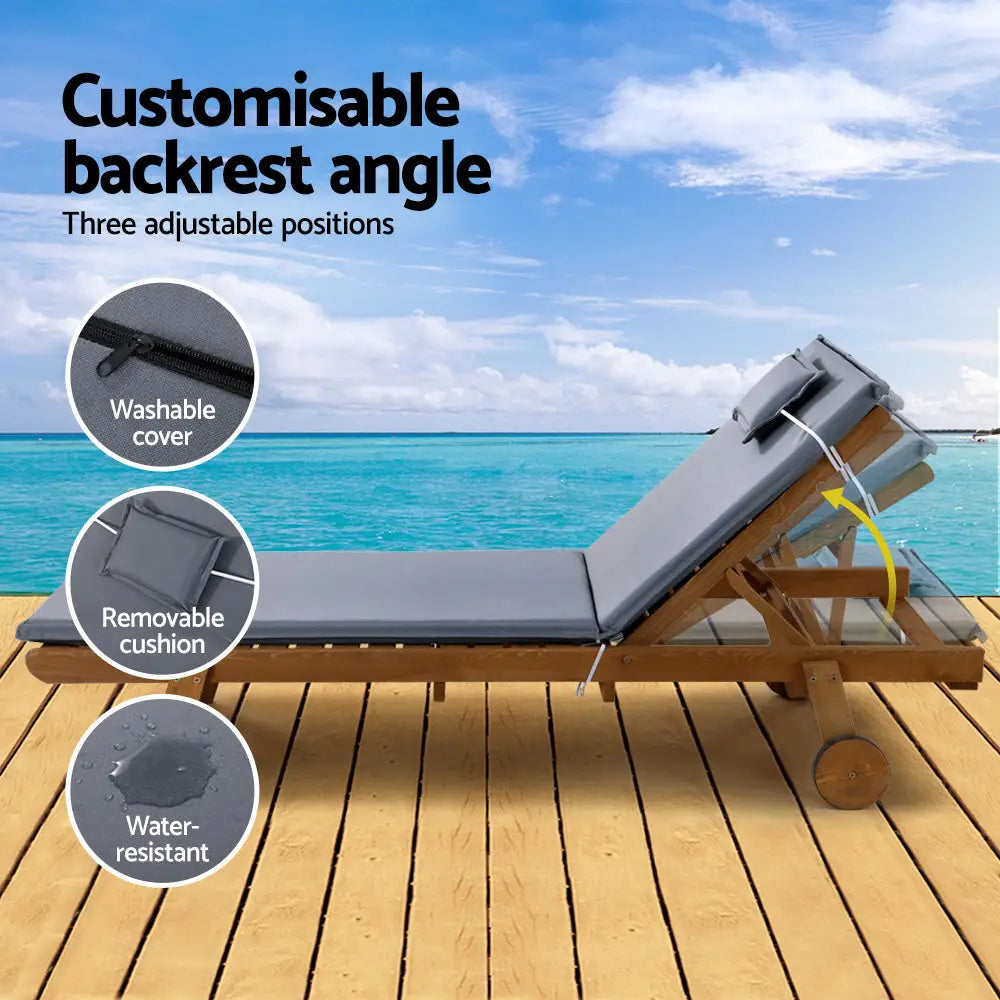 Gardeon Sun Lounge Wooden Lounger Outdoor Furniture Day Bed Wheels Patio Grey - Furniture > Outdoor