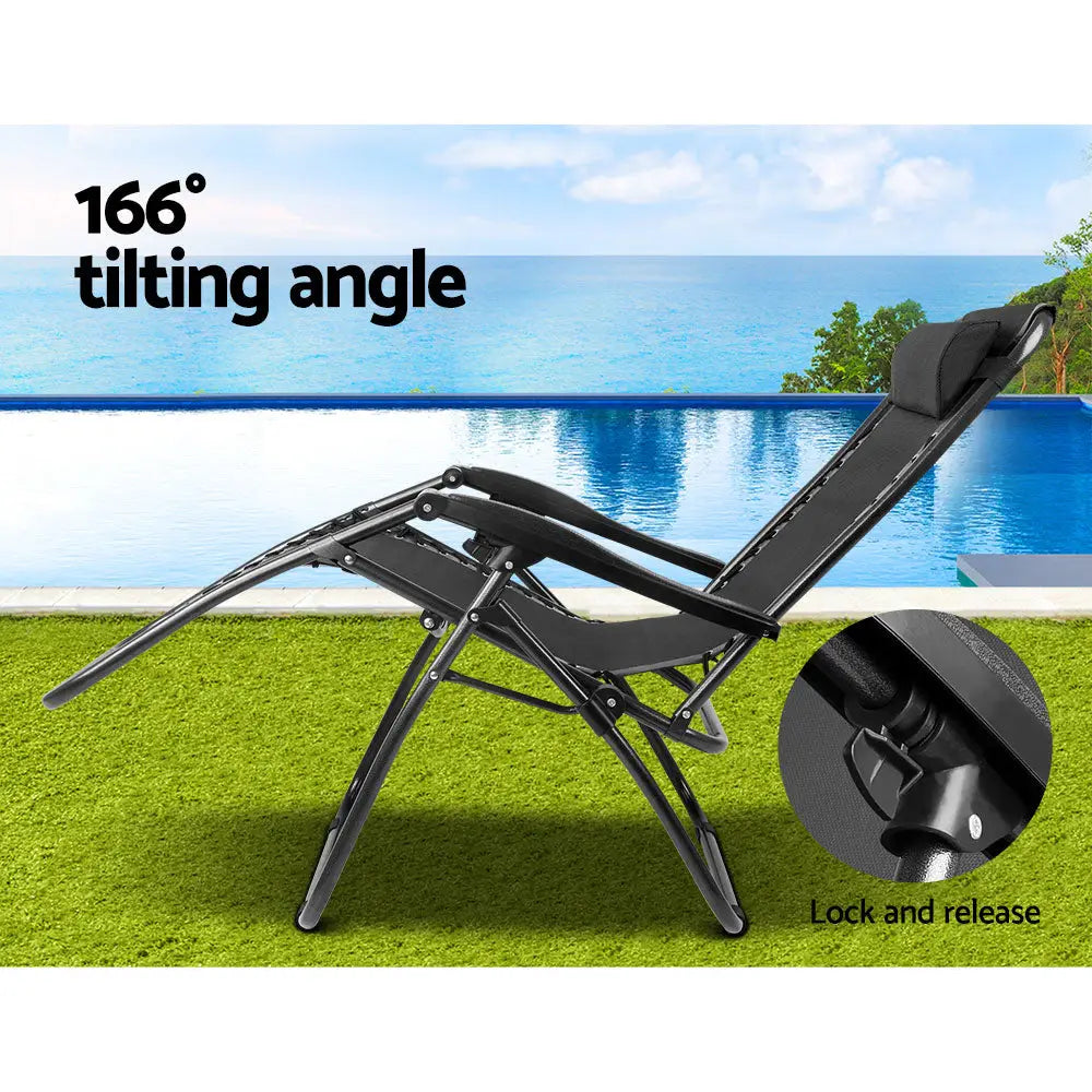 Gardeon Zero Gravity Chair Folding Outdoor Recliner Adjustable Sun Lounge Camping Black - Furniture > Outdoor