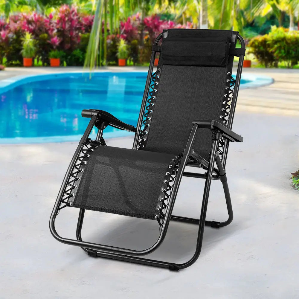 Gardeon Zero Gravity Chair Folding Outdoor Recliner Adjustable Sun Lounge Camping Black - Furniture > Outdoor