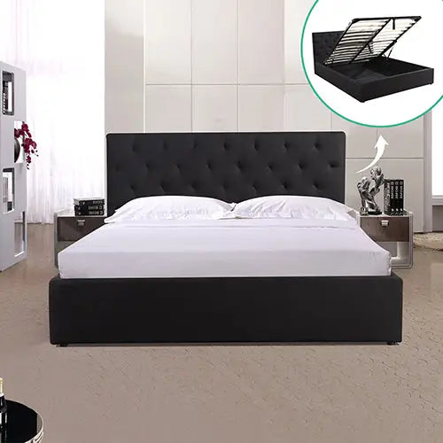 Gas Lift Queen Size Storage Bed Frame Upholstery Fabric in Black Colour with Tufted Headboard - Furniture > Bedroom >