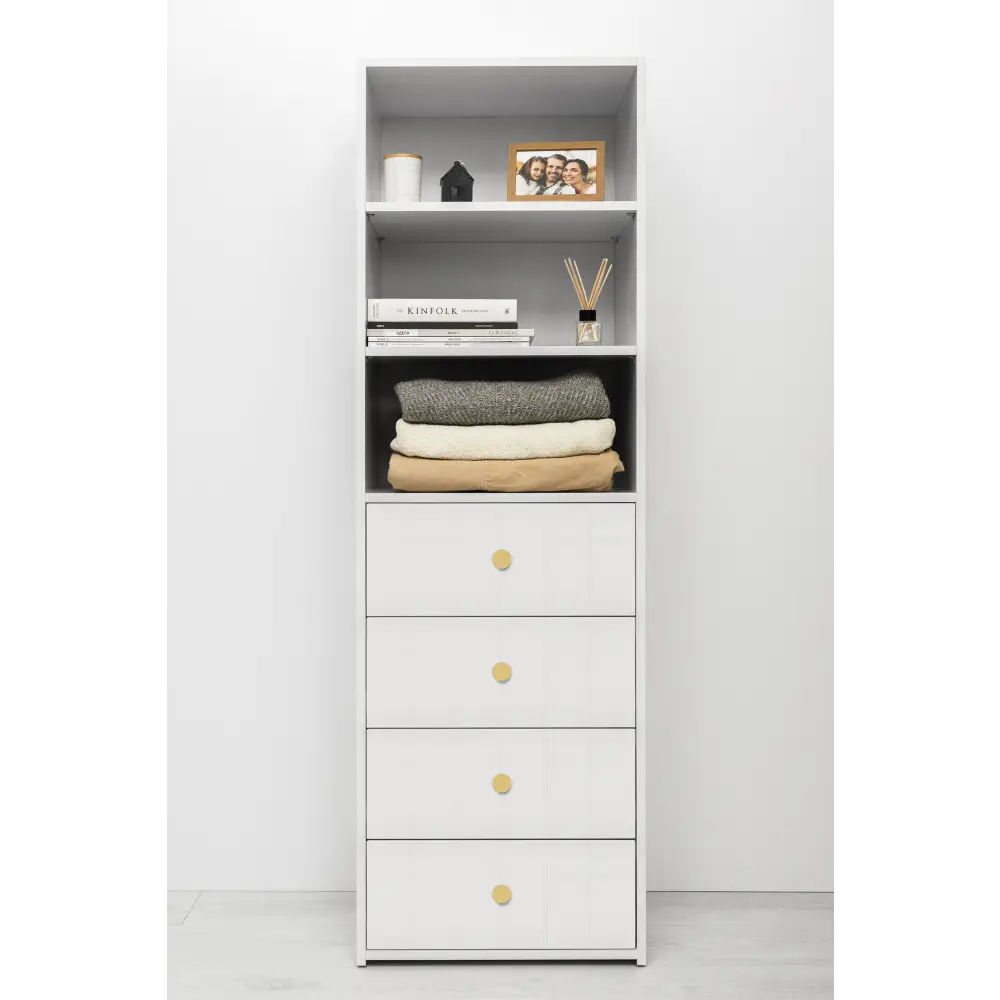 GENEVA 3 SHELF 4 DRAWER BUILT IN WARDROBE - WHITE - VJ PANEL - ROUND BRASS - Home & Garden > Storage > Clothing &
