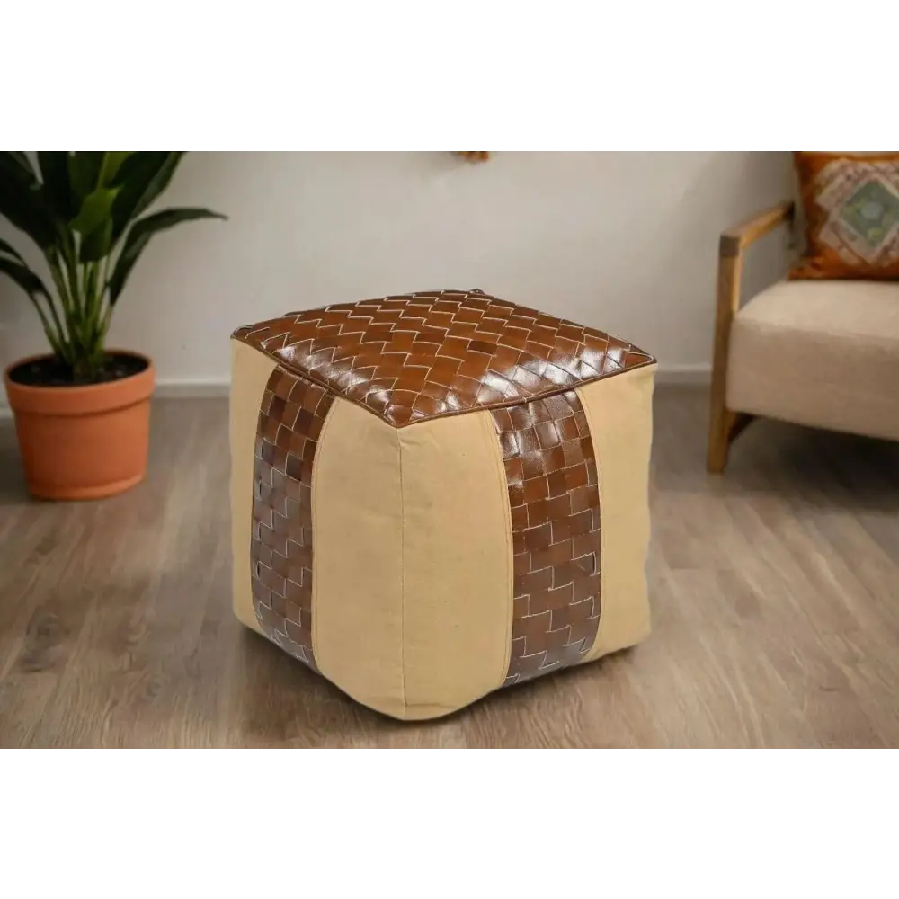 GENUINE LEATHER AND CANVAS OTTOMAN - Furniture > Living Room > Ottomans & Footstools