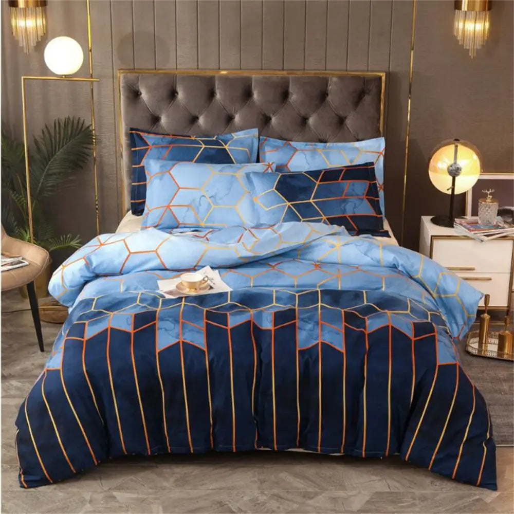 Geometric Print Duvet Cover - 3 Piece Blue Ombre Bedding Set Quilt cover 230x230cm-Pillow cover 51x76cm - Home & Garden
