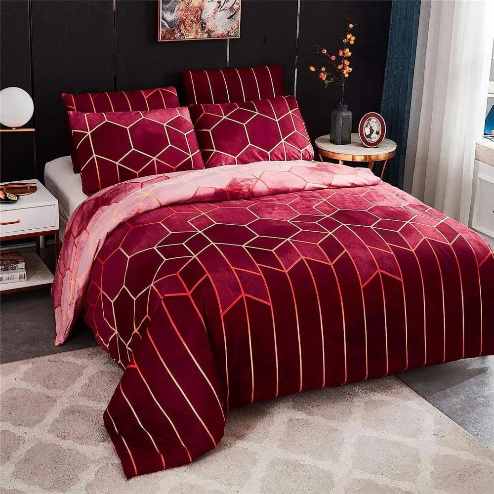Geometric Print Duvet Cover - 3 Piece Red Ombre Bedding Set Quilt cover 230x230cm-Pillow cover 51x76cm - Home & Garden
