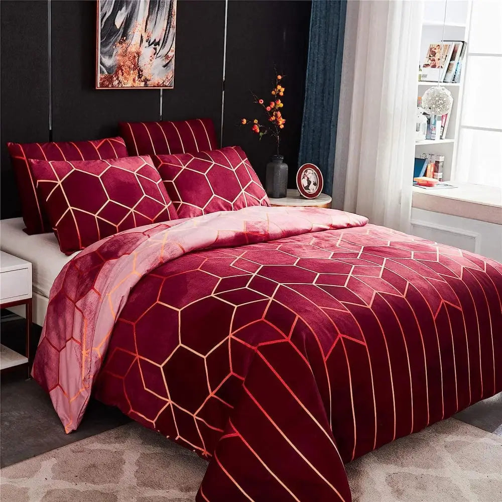 Geometric Print Duvet Cover - 3 Piece Red Ombre Bedding Set Quilt cover 230x230cm-Pillow cover 51x76cm - Home & Garden