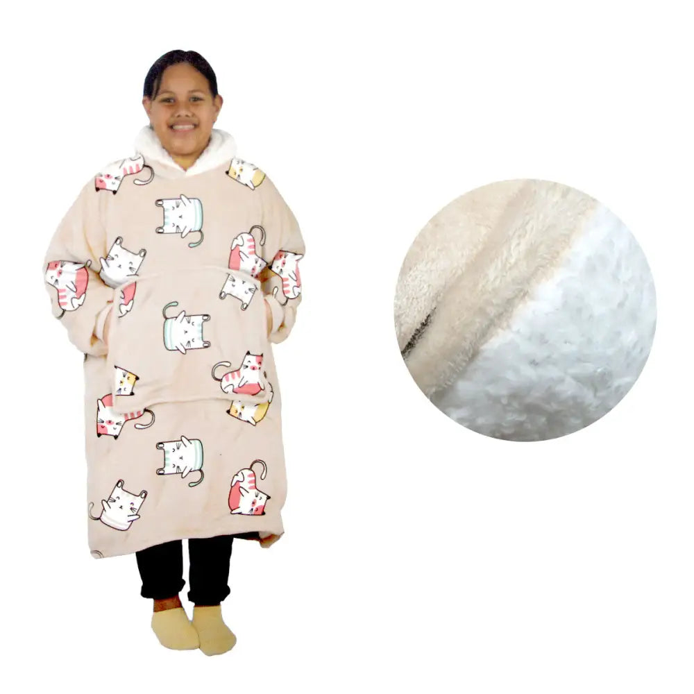 Girls Comfy Warm Blanket Hoodie with Sherpa Fleece Reverse Kawaii Cat - Home & Garden > Bedding