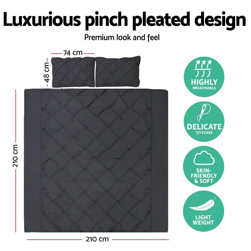 Giselle Bedding Quilt Cover Set Diamond Pinch Black Queen - Home & Garden > Bedding