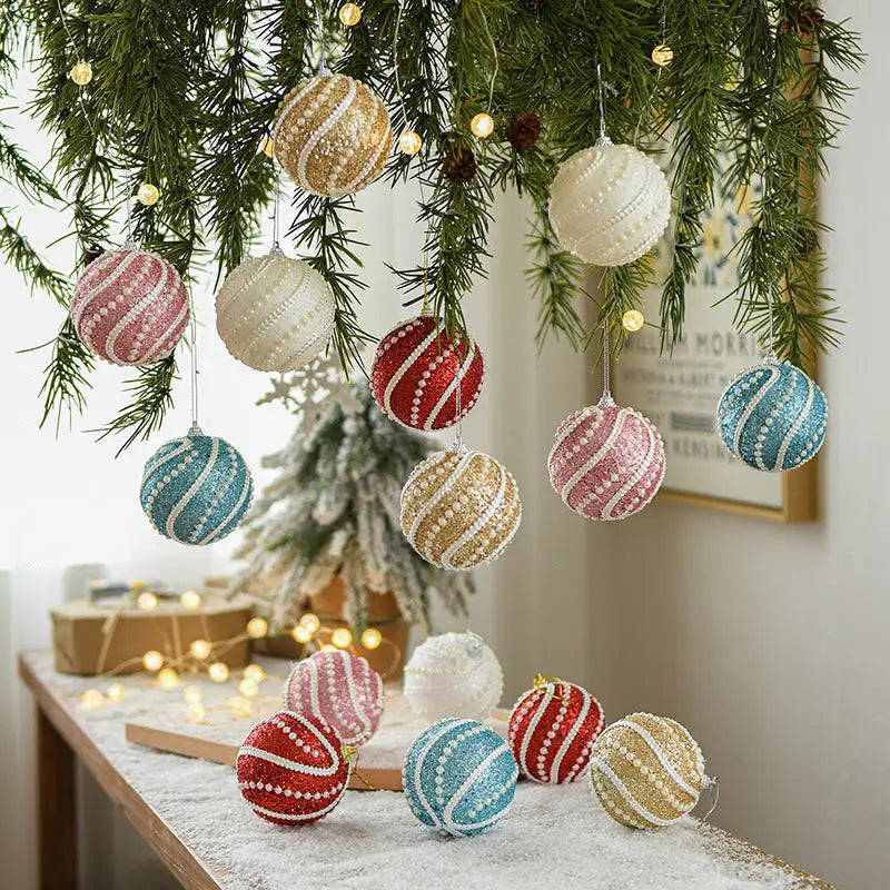 Glittery Christmas Baubles Pearl-Accented Holiday Ornaments in Assorted Colors 2 Sets Total(5 Colors Per Set)