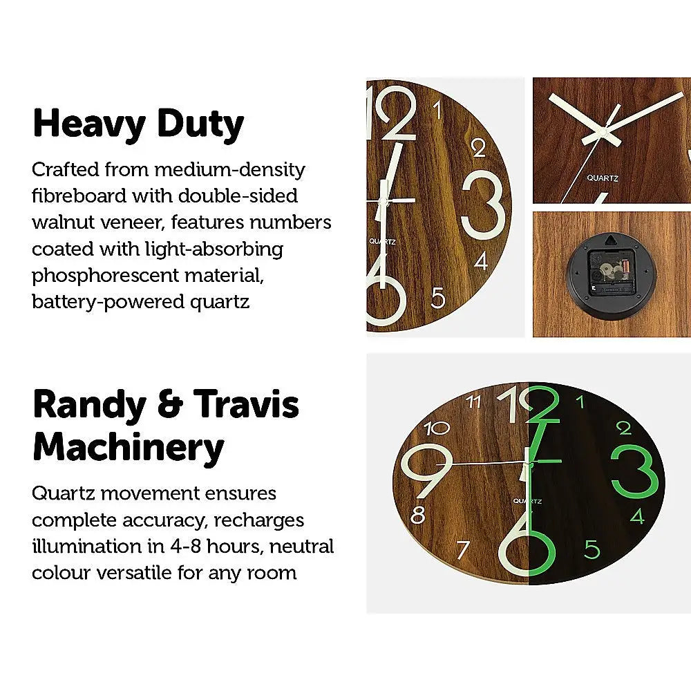 Glow In Dark Wall Clock Luminous Quartz Quiet Wooden Home Decor 30cm - Home & Garden > Decor