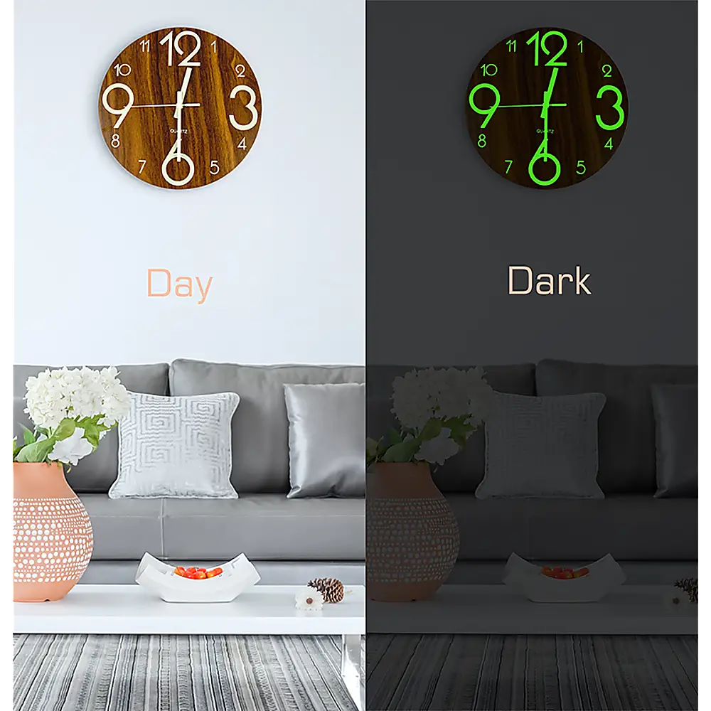 Glow In Dark Wall Clock Luminous Quartz Quiet Wooden Home Decor 30cm - Home & Garden > Decor