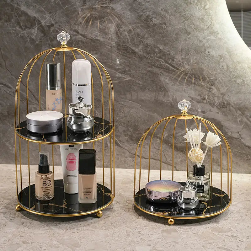 Gold and Black Elegant 2-Tier Gold Birdcage Cosmetic Organizer - Wrought Iron Countertop Storage Rack for Skincare