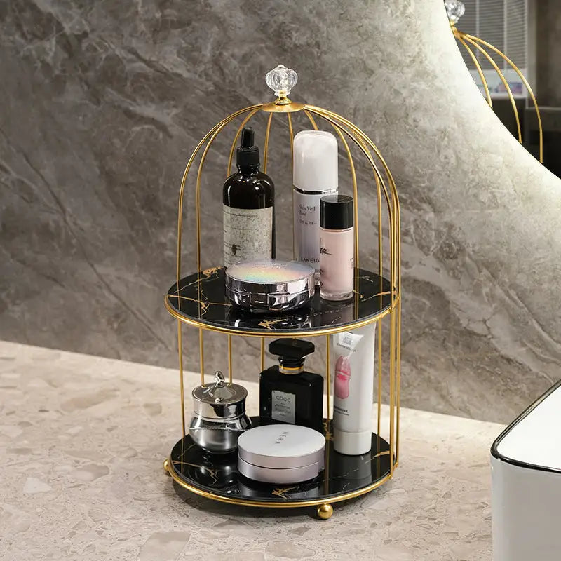 Gold and Black Elegant 2-Tier Gold Birdcage Cosmetic Organizer - Wrought Iron Countertop Storage Rack for Skincare