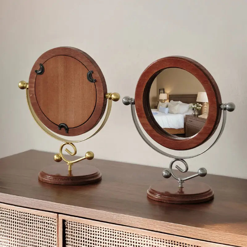 Gold and Brown Vintage Solid Wood Makeup Mirror - 360° Rotating Desktop Vanity Mirror - Home & Garden > Decor > Mirrors