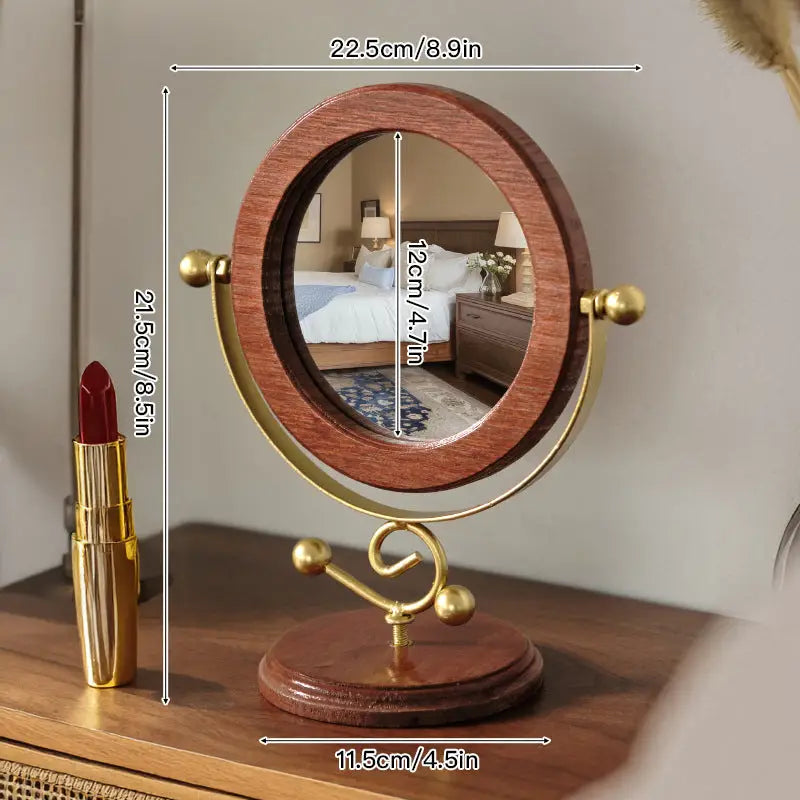 Gold and Brown Vintage Solid Wood Makeup Mirror - 360° Rotating Desktop Vanity Mirror - Home & Garden > Decor > Mirrors