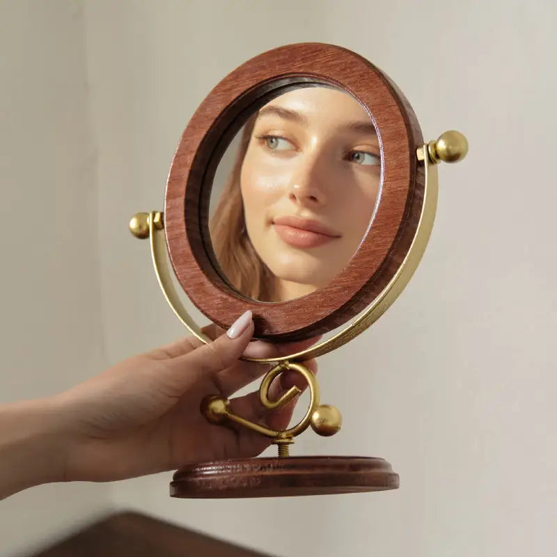 Gold and Brown Vintage Solid Wood Makeup Mirror - 360° Rotating Desktop Vanity Mirror - Home & Garden > Decor > Mirrors
