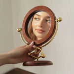 Gold and Brown Vintage Solid Wood Makeup Mirror - 360° Rotating Desktop Vanity Mirror - Home & Garden > Decor > Mirrors
