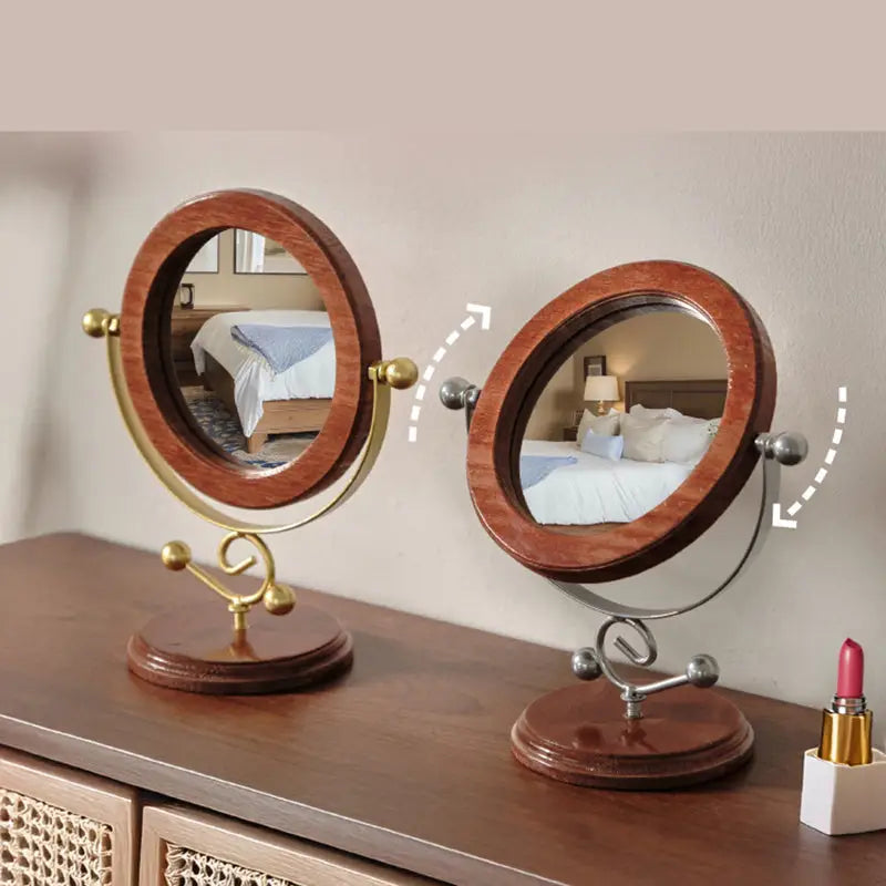 Gold and Brown Vintage Solid Wood Makeup Mirror - 360° Rotating Desktop Vanity Mirror - Home & Garden > Decor > Mirrors
